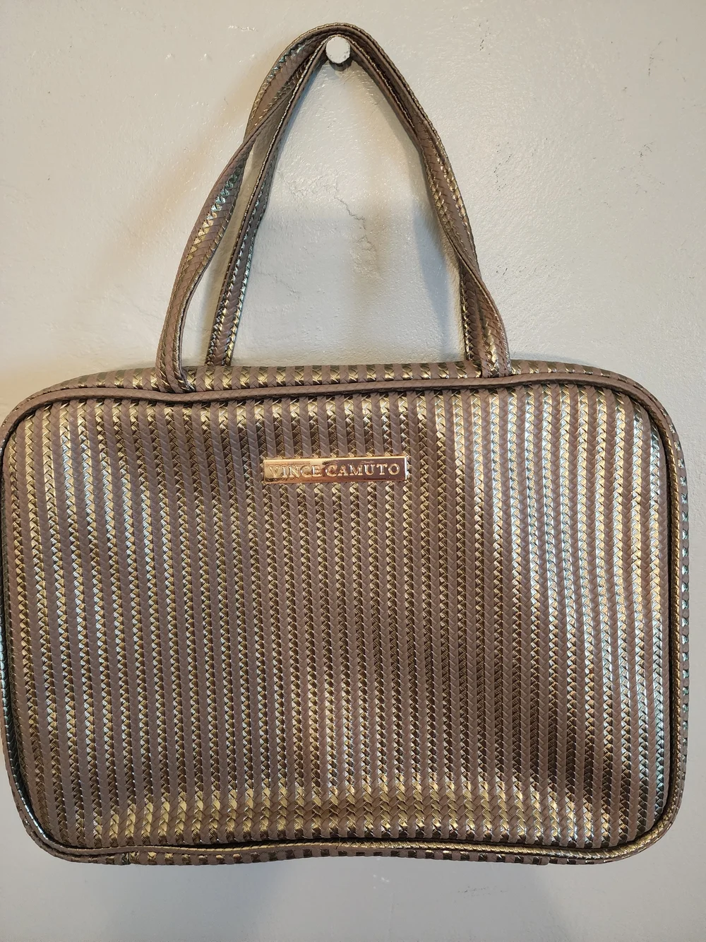 Vince Camuto Metallic Taupe Woven Toiletry Travel Tote